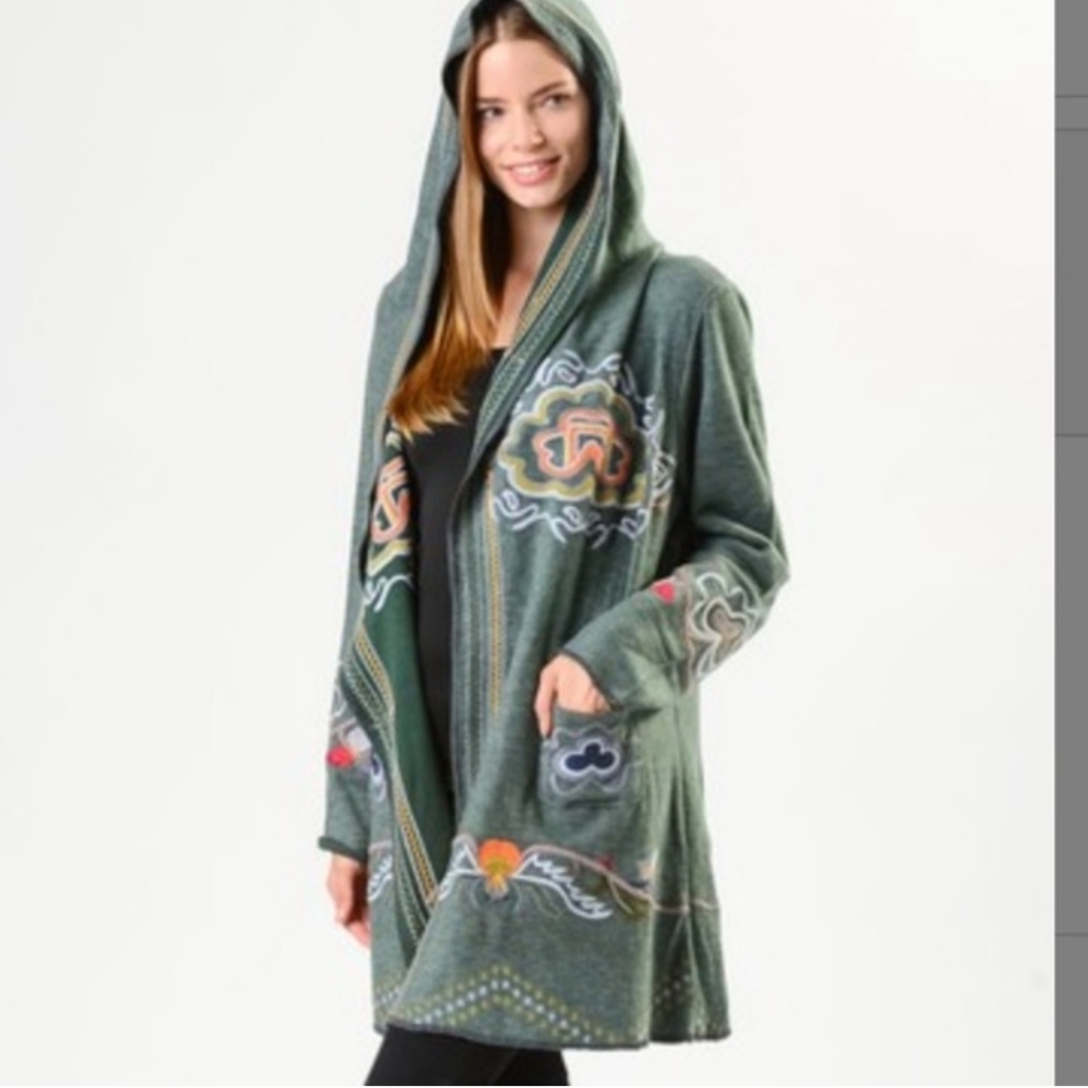 Paparazzi Womens Hooded Embroidered Cardigan Sweater Coat Size Small